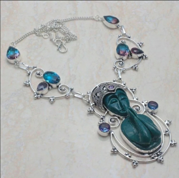 New Carved Praying Goddess Bi-Color Tourmaline 925 Silver Necklace. - Picture 1 of 1